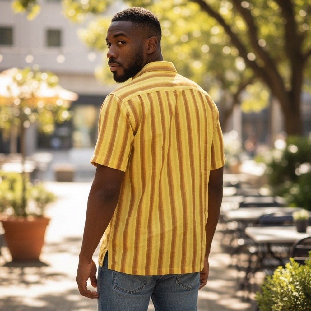 Vintage Whatzup Men's Striped Short Sleeve‎ Button Down Shirt Yellow Size L New